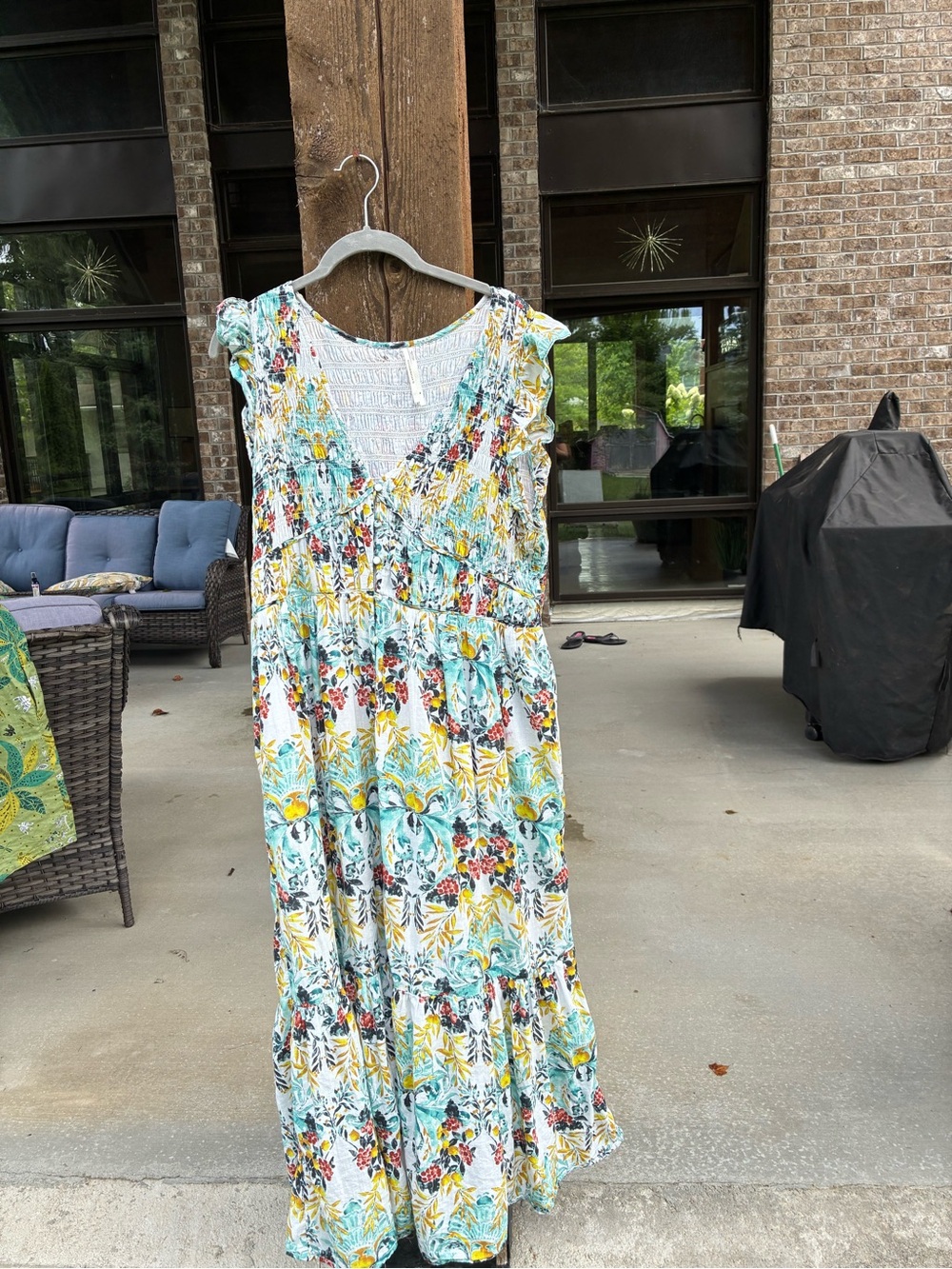 Anthropologie Floral Tiered Maxi Dress in Aqua, Yellow & White. XL